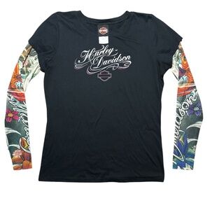 Y2K Harley Davidson Mesh Tattoo Women Sleeve Top T-shirt Size XL